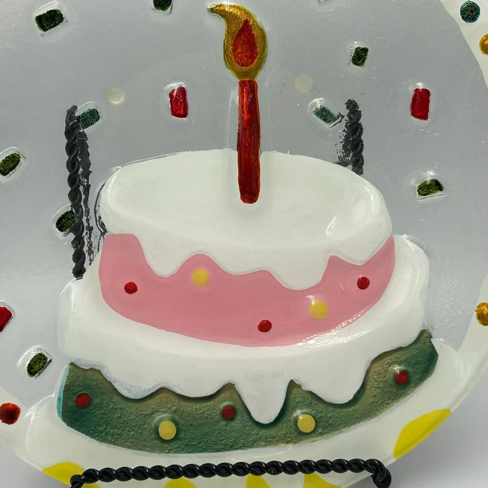 Lori Siebert Silvestri Demdaco Glass Fusion Birthday PARTY Cake Plate Confetti‎